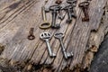 Old keys of different sizes on rustic weathered wood planks Royalty Free Stock Photo