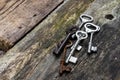 Old keys of different sizes on rustic weathered wood planks Royalty Free Stock Photo