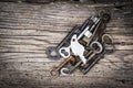 keys of different sizes on rustic weathered wood planks Royalty Free Stock Photo