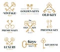 Old keys emblems. Vintage door keys labels, real estate agency or key service vector symbols set. Retro keys company Royalty Free Stock Photo