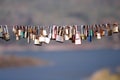 The old keys locked by lover couple hanging on bridge at Mae kuang udom thara dam , Chiang mai of Thailand