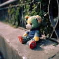 Old kids toy stuffed animal in the street gutter.