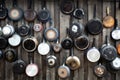 Old kitchen pans hanging on the wooden wall. Different size of pans on the wall, Home decoration, Kitchen background.