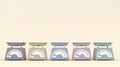 Old kitchen scales of pastel colors isolated on beige background with free space for text or logo. Copy space. 3D rendering.