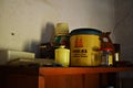 Old kitchen shelf with various vintage items, old rural house, central Serbia