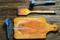 Old kitchen tools, flat lay. Royalty Free Stock Photo