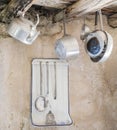 Old kitchen utensils in aluminum. Royalty Free Stock Photo