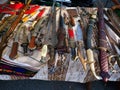 Old knives, bayonets and guns on the table Royalty Free Stock Photo