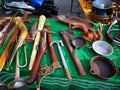 Old knives, bayonets and guns on the table - vintage objects Royalty Free Stock Photo