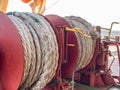 Old knotted nautical ropes. mooring ropes at the stern of Dry bulk carrier ship. Vessel shipping concept Royalty Free Stock Photo