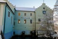 Old Krizik Hydroelectric Power Plant and Museum waterfront buildings over Otava River in winter day architectural monument of