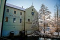 Old Krizik Hydroelectric Power Plant and Museum waterfront buildings over Otava River in winter day architectural monument of