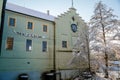 Old Krizik Hydroelectric Power Plant and Museum waterfront buildings over Otava River in winter day architectural monument of