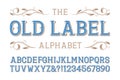 Old label alphabet. Diagonal ribbed letters and numbers with curly serifs