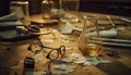 Old laboratory equipment on messy table, broken glass and flask generated by AI Royalty Free Stock Photo
