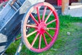 Old labour chariot . Rustic wagon wheel . Royalty Free Stock Photo