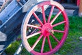 Old labour chariot . Rustic wagon wheel . Royalty Free Stock Photo