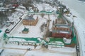 Old Ladoga Nikolsky Monastery, cloudy February day aerial survey. Staraya Ladoga, Russia