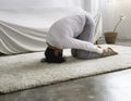 Old lady posing yoga for exercise at living room.for good health