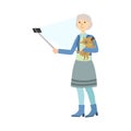 Old Lady With Dog Taking Picture With Selfie Stick Illustration Royalty Free Stock Photo