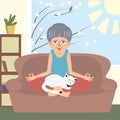 Old lady doing yoga with cat at home vector cartoon