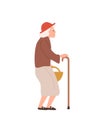 Old lady flat vector illustration. Elderly woman with walking stick. Age, oldness, senility, health problems. Senior Royalty Free Stock Photo