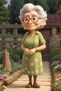 An old lady with glasses and gray hair in the garden near her village house, AI generation Royalty Free Stock Photo