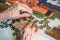 Old lady hands with jigsaw puzzle Royalty Free Stock Photo
