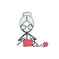 Old lady knitting. Vector simple granny wool knit. Stickman no face clipart cartoon. Hand drawn. Doodle sketch, graphic