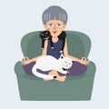 Old lady meditating at home with cats vector cartoon