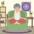 Old lady meditating at home vector cartoon