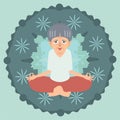Old lady meditating at mandala background vector cartoon
