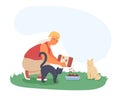 Old lady pouring food for stray cats. Cartoon character spending time with pets
