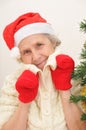 Old lady in red Santa Claus hat and red mittens Royalty Free Stock Photo