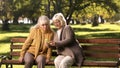 Old lady showing news feed on mobile phone to friend, sitting on bench in park