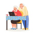 Old lady sit at the table using laptop, with her elder husband. Elder couple use computer technology vector cartoon.