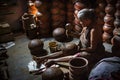 An old lady sitting inside her home making mud pot in her home