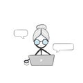 Old lady using computer. Vector simple internet conversation chat. Stickman no face clipart cartoon. Hand drawn. Doodle sketch,