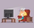 Old Lady Watching TV Sit Armchair Cartoon Character Flat Design Vector Illustration