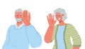 Old lady whispering something to her retired man.Vector flat illustration.