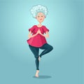 Old lady yoga. Grandmother in the asana position. Cartoon character on isolated background. Sport grandma. Senior adult