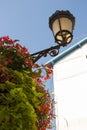 Old lantern on the background of blue sky and white building. Vintage street lamp with flowers and leaves.