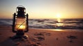 An Old Lantern Basks in the Vibrant Sunset, Creating a Nostalgic Atmosphere on the Beach. Generative AI