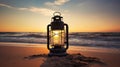 An Old Lantern Basks in the Vibrant Sunset, Creating a Nostalgic Atmosphere on the Beach. Generative AI