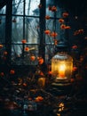 an old lantern with a candle lit in front of a window Royalty Free Stock Photo