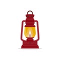 Old lantern isolated. Burgundy retro oil lamp with the flame on. Vector illustration, flat design Royalty Free Stock Photo