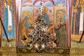 Russia, Rostov, July 2020. Bronze chandelier in front of the altar in the old church.