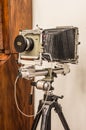 Old large format bellows camera on tripod Royalty Free Stock Photo