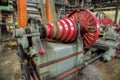 Old lathe driven by belt transmission with different gearing shaft Royalty Free Stock Photo