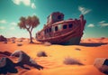 old leaky ship in the desert. the ship ran aground on a dune.